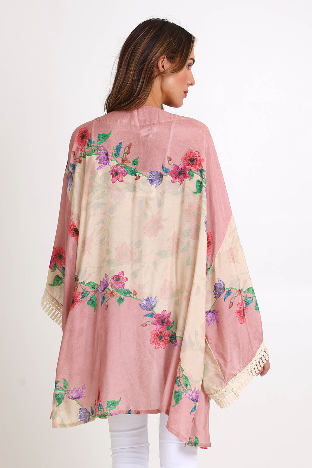 Model Madelinec wearing size 10 of the Rosary Kimono – Rosary in colour Rosary, from the back