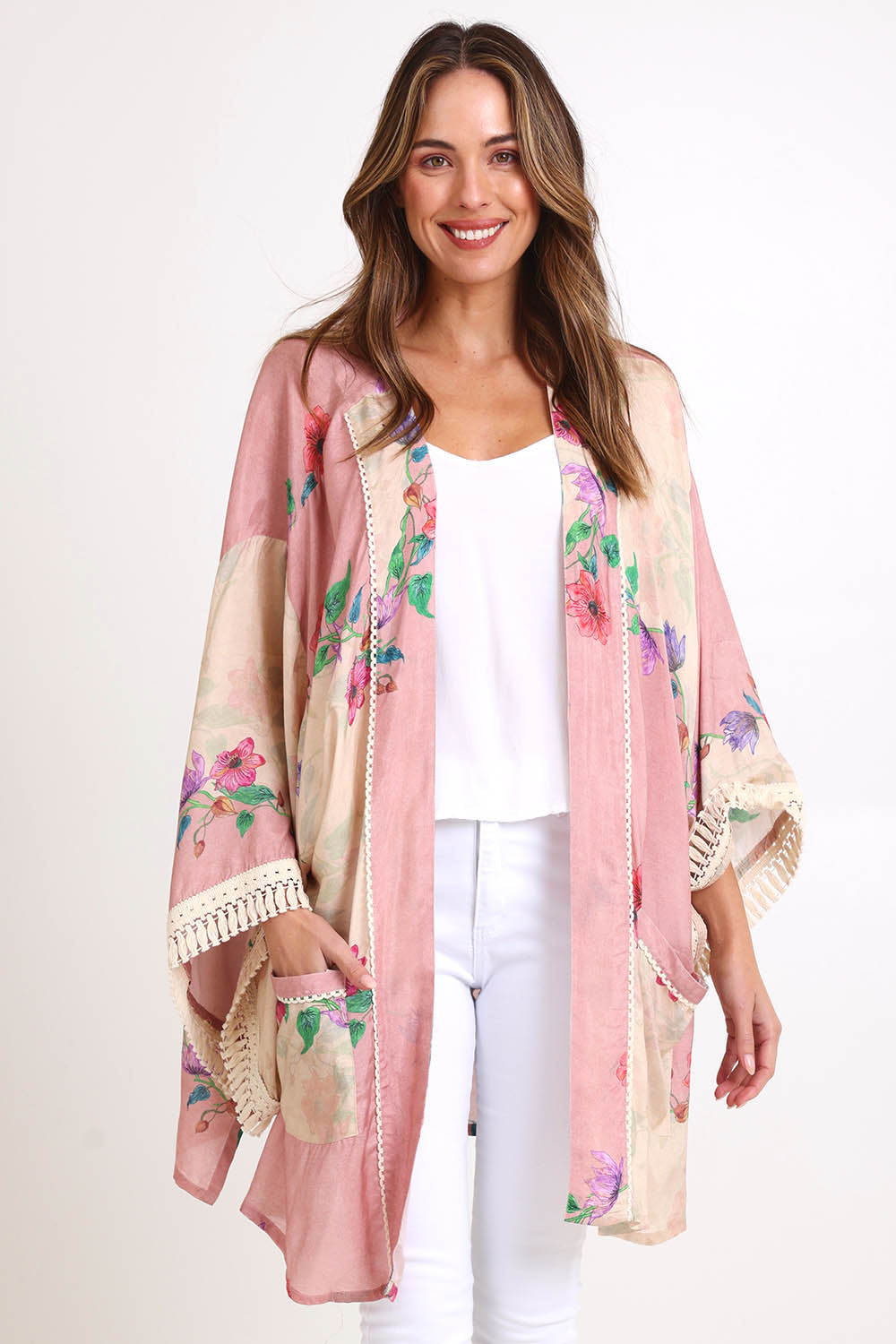 Model Madelinec wearing size 10 of the Rosary Kimono – Rosary in colour Rosary, in a cropped view