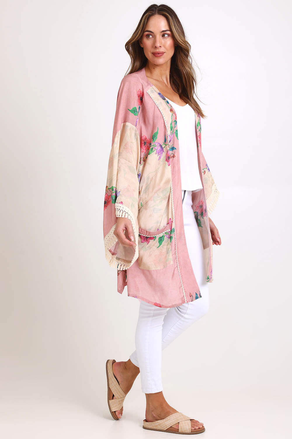 Model Madelinec wearing size 10 of the Rosary Kimono – Rosary in colour Rosary, from the front