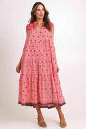 Model Madelinec wearing size 10 of the Lulu Cotton Maxi Dress – Suzanired in colour Suzanired, from the front