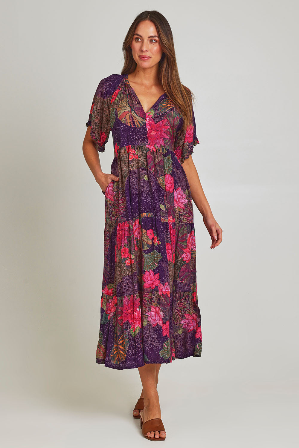 Model Madeline wearing size S of the Amisha Short Sleeve Maxi Dress in colour Waterlily (Blue), from the front, showing the whole outfit