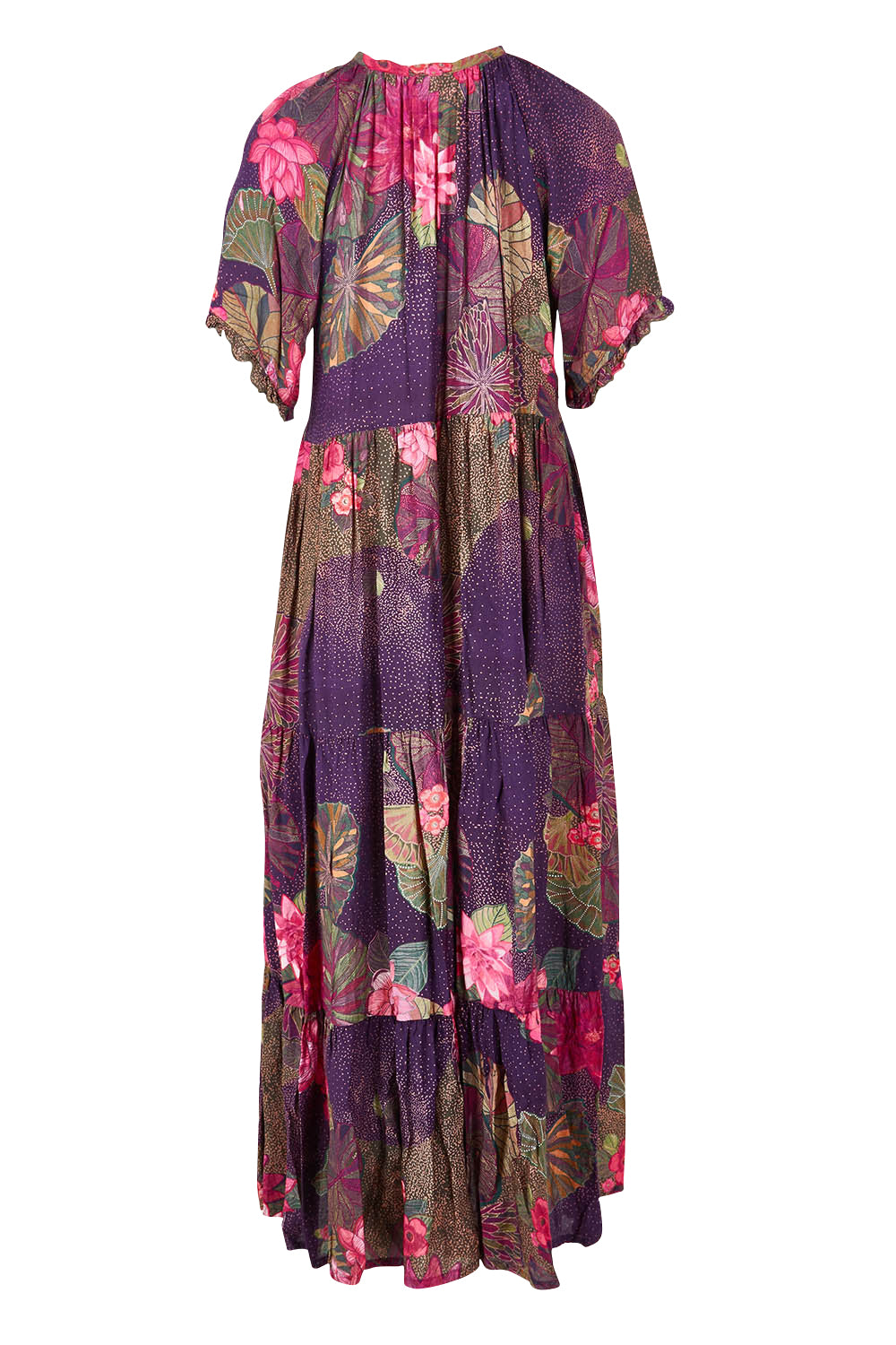 Product shot of the Amisha Short Sleeve Maxi Dress in colour Waterlily (Blue), from the back