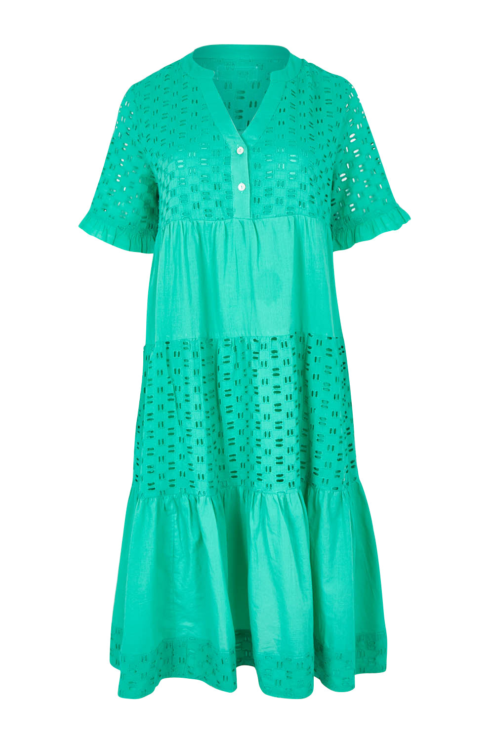 Product shot of the Heather S/S Cotton Dress in colour Luca (Green), from the front