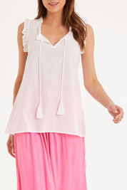 Model Madeline wearing size S of the Sophia Cami in colour White (White), from the front, cropped image