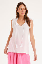Model Madeline wearing size S of the Sophia Cami in colour White (White), from the front, cropped image