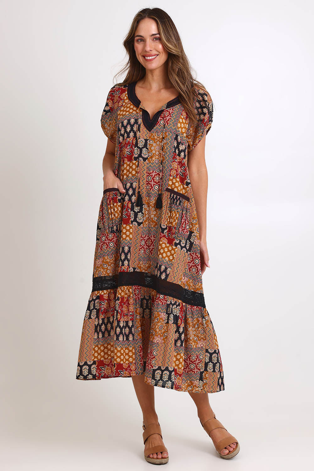 Model Madelinec wearing size 10 of the Sao Paulo Cotton Midi Dress – Mexico in colour Mexico, from the front
