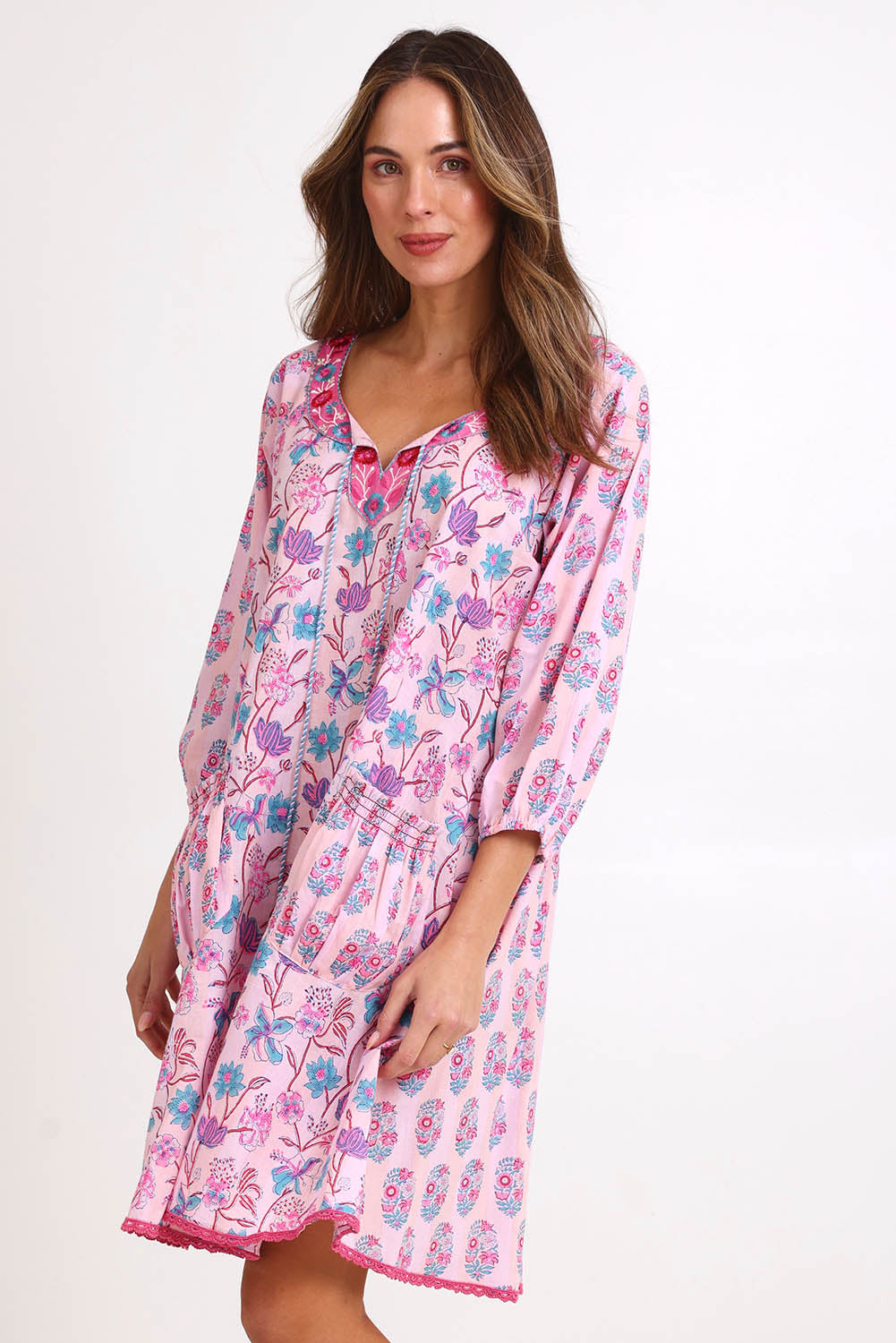 Model Madelinec wearing size 10 of the Sao Paulo Cotton Dress – Cupcake in colour Cupcake, in a cropped view