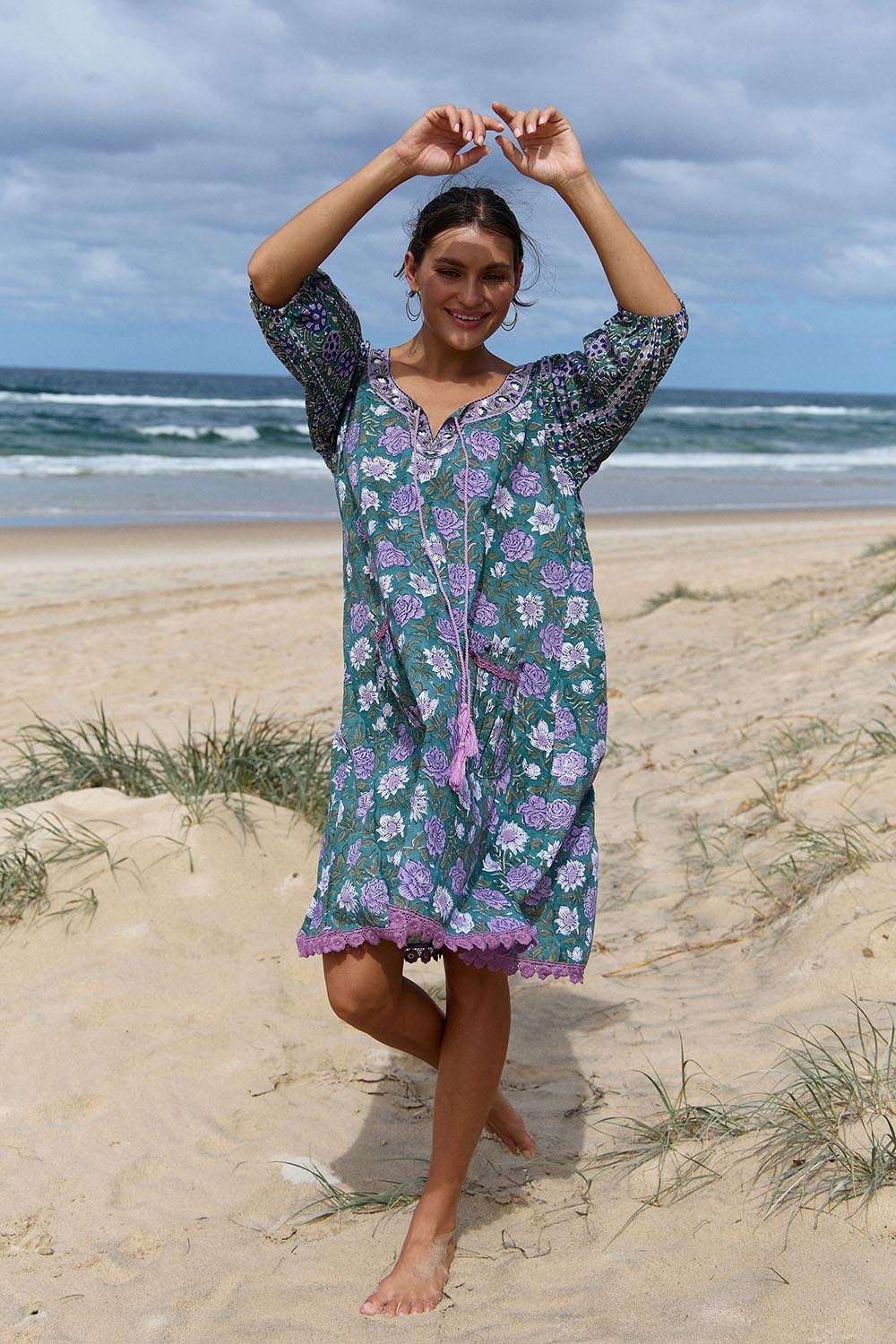 Model Genericm wearing size sample of the Sao Paulo Cotton Dress – Sweetpea in colour Sweetpea, from the front