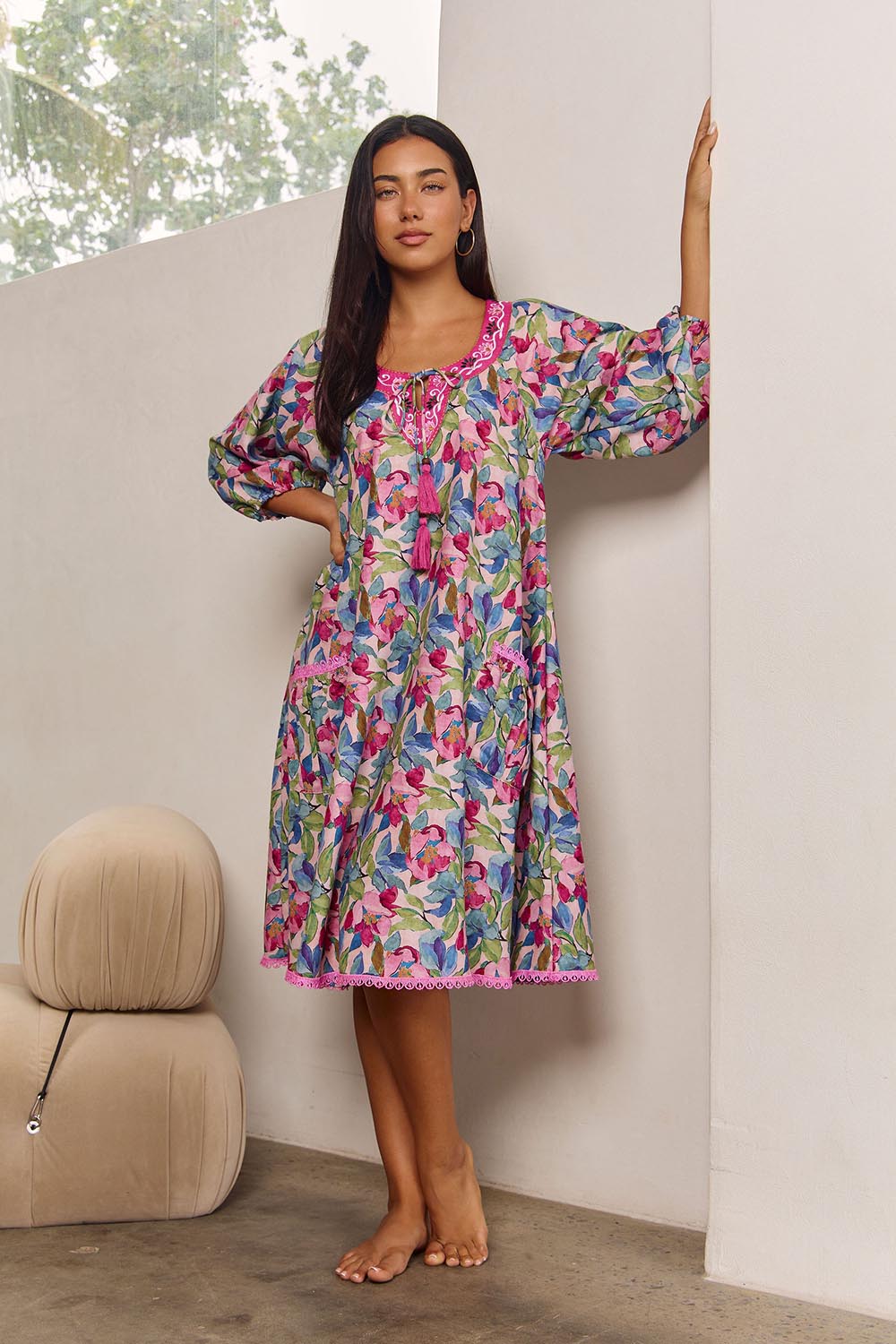 Model Genericm wearing size sample of the Sao Paulo Long Sleeve Dress – Forsvik in colour Forsvik, from the front