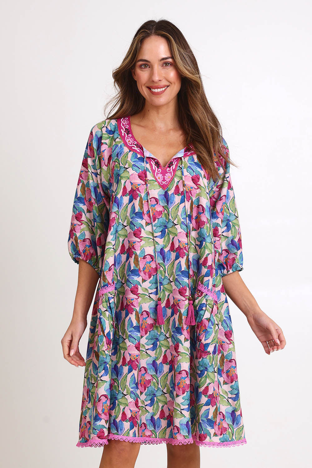 Model Madelinec wearing size 10 of the Sao Paulo Long Sleeve Dress – Forsvik in colour Forsvik, in a cropped view