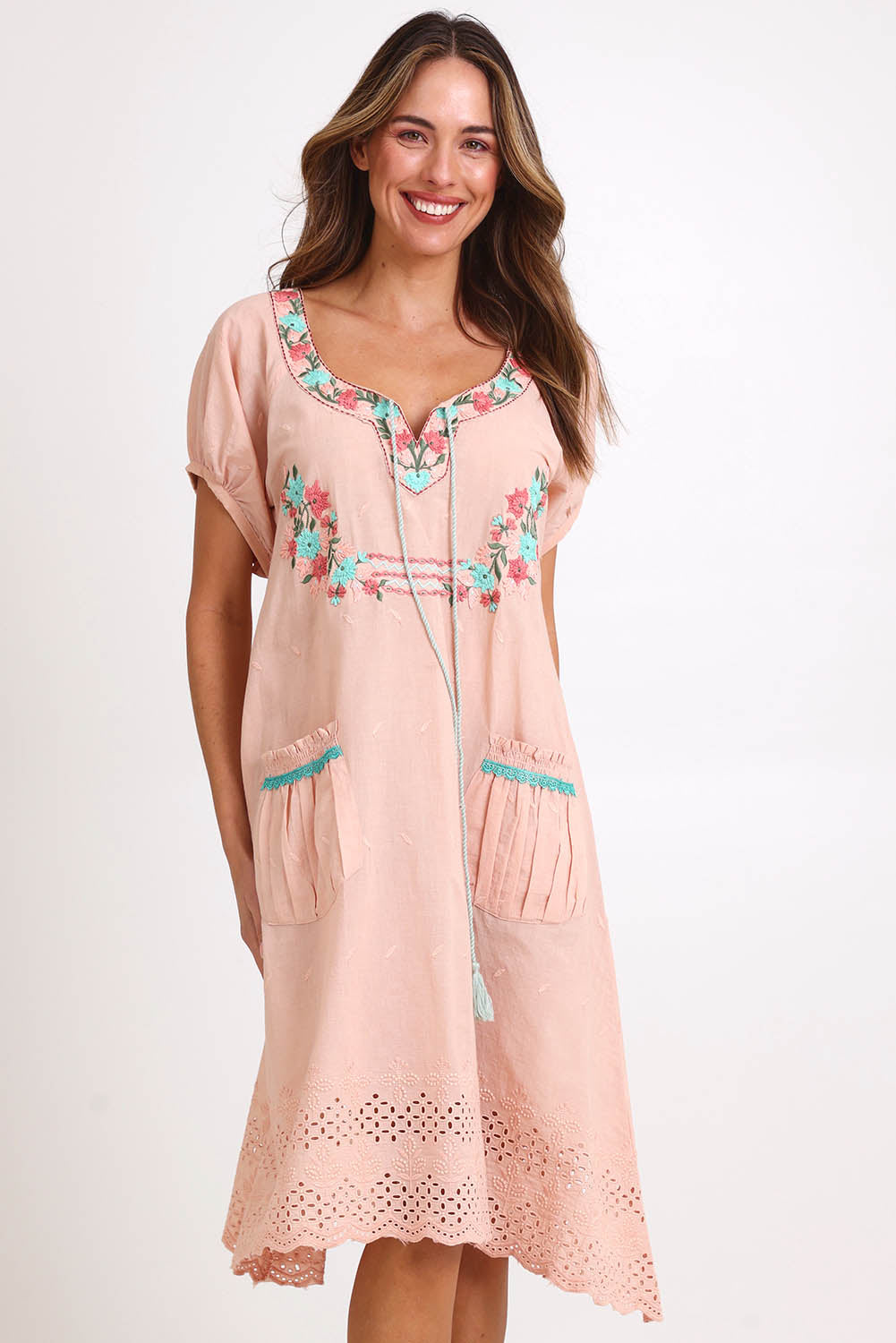 Model Madelinec wearing size 10 of the Sao Paulo Cotton Dress – Amazon in colour Amazon, in a cropped view