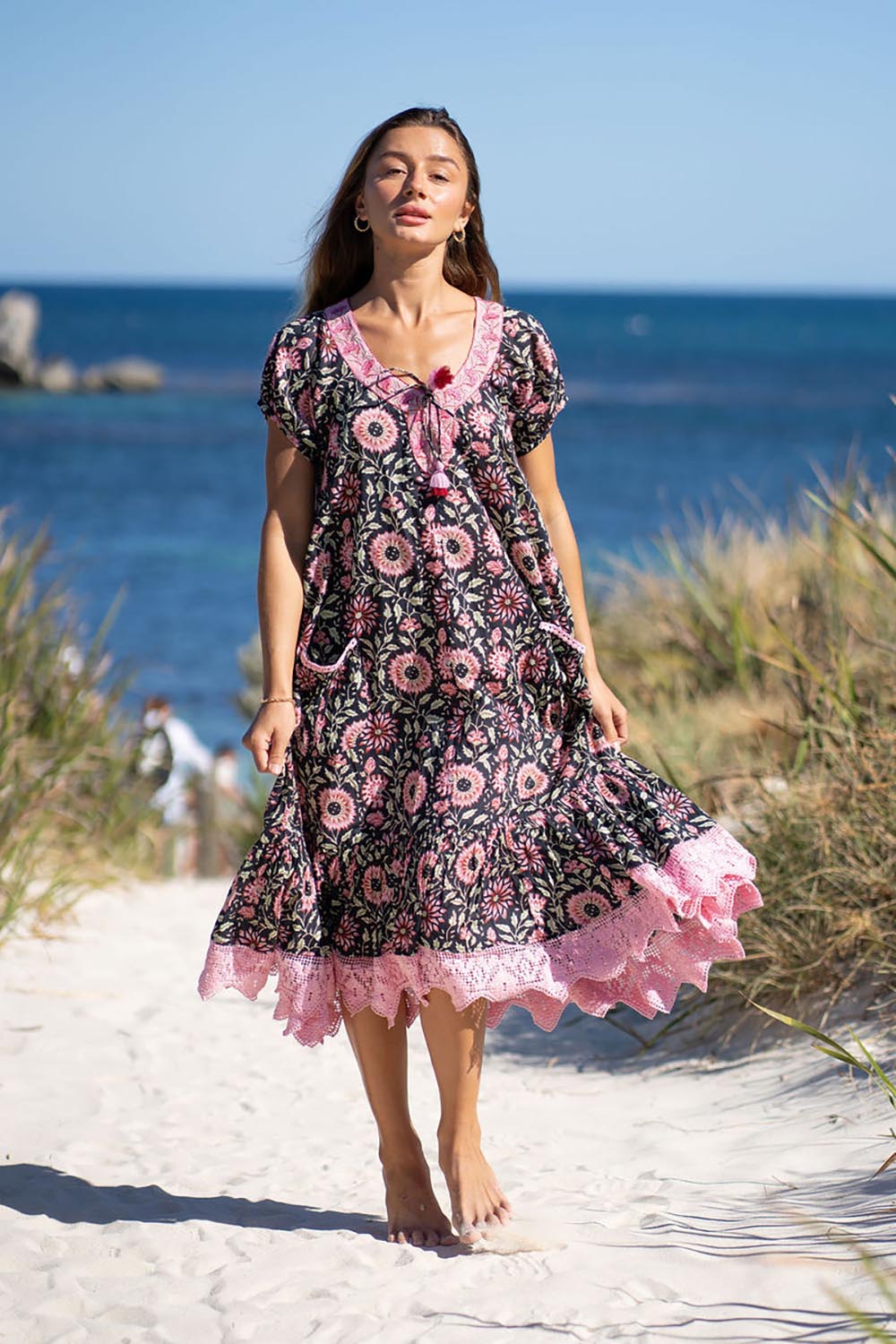 Model Genericm wearing size sample of the Sao Paulo Cotton Dress – Gabor in colour Gabor, from the front