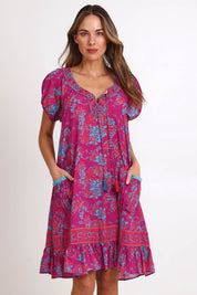 Model Madelinec wearing size 10 of the Sao Paulo Cotton Dress – Jasminepink in colour Jasminepink, in a cropped view
