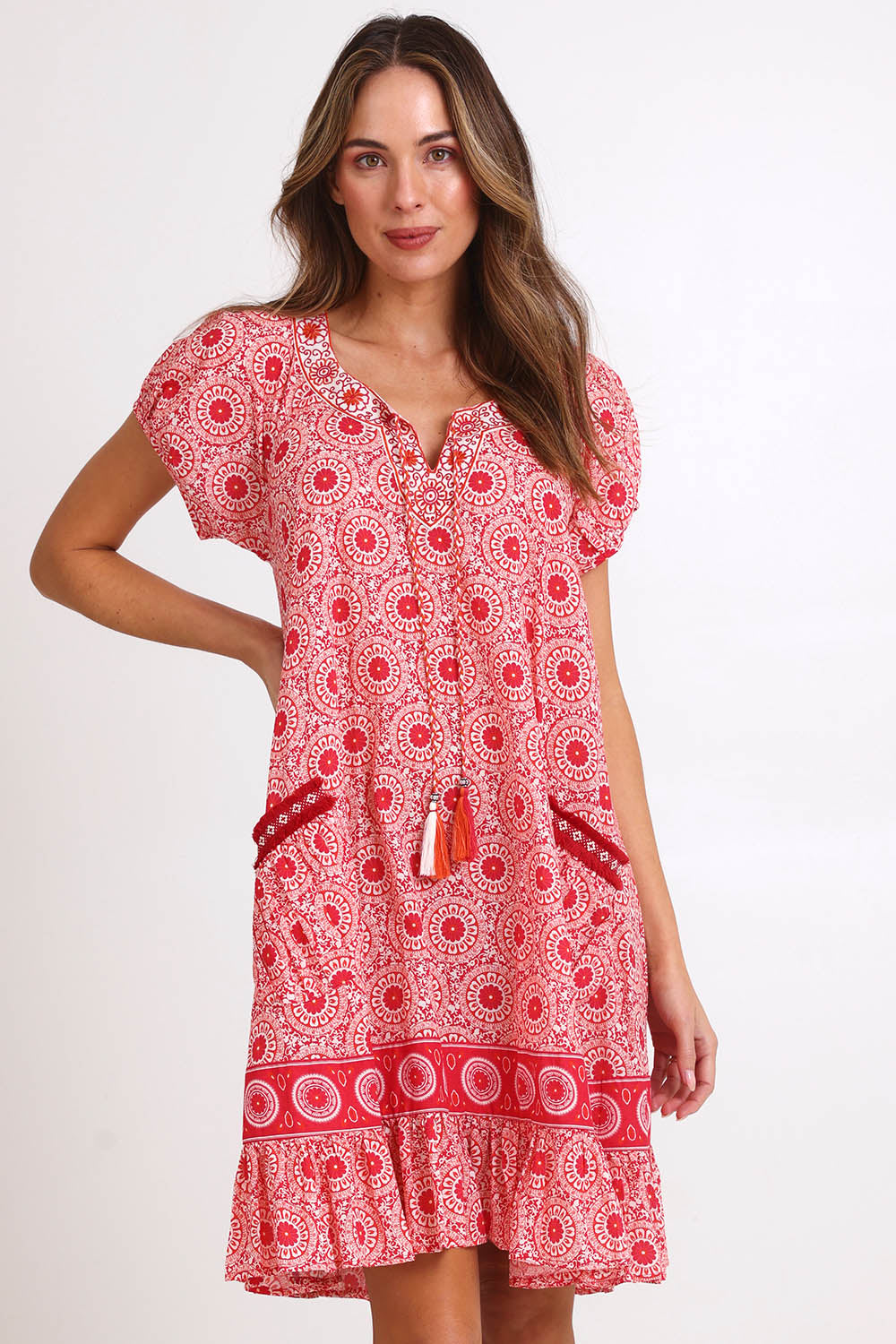 Model Madelinec wearing size 10 of the Sao Paulo Cotton Dress – Jasminewhite in colour Jasminewhite, in a cropped view
