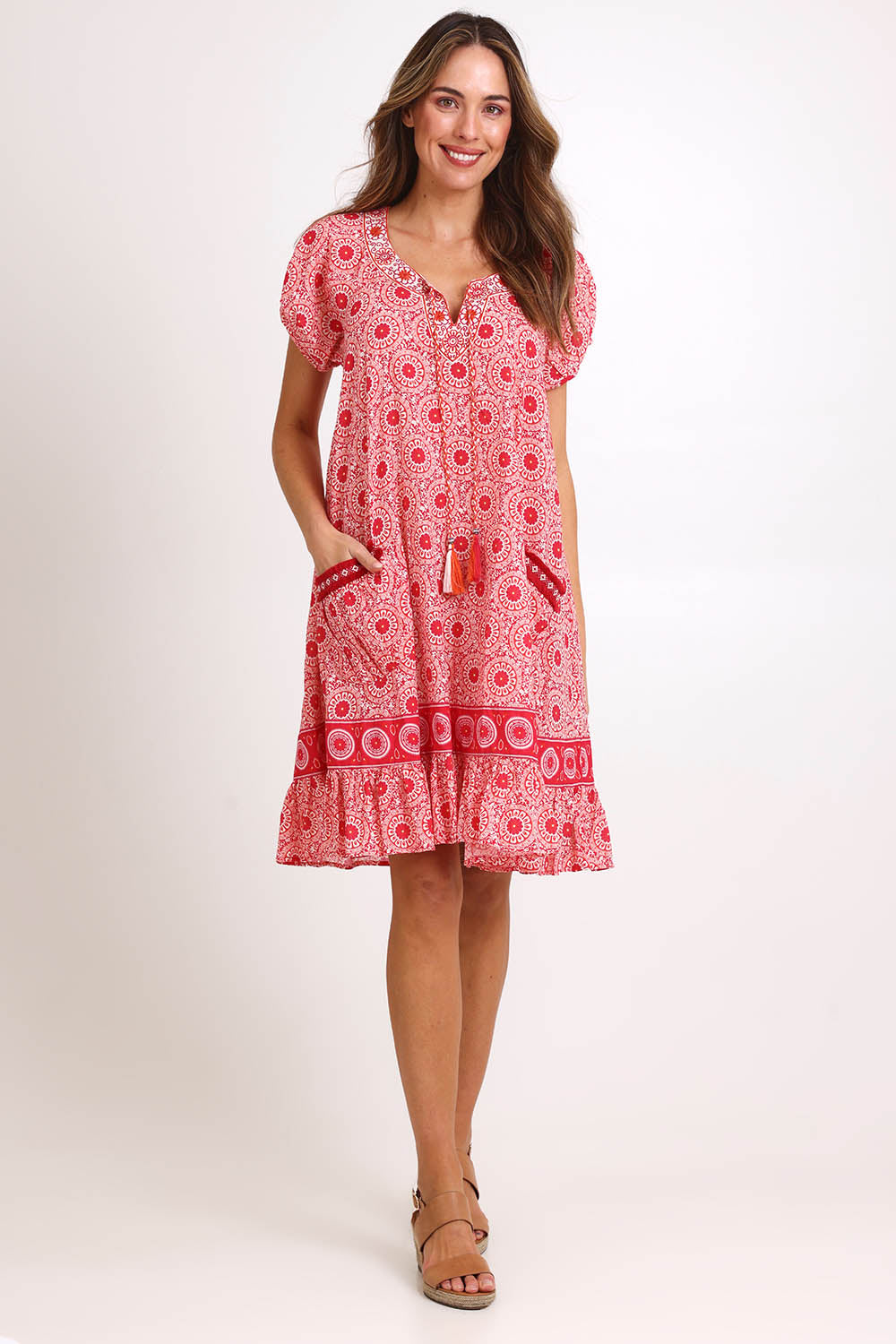 Model Madelinec wearing size 10 of the Sao Paulo Cotton Dress – Jasminewhite in colour Jasminewhite, from the front