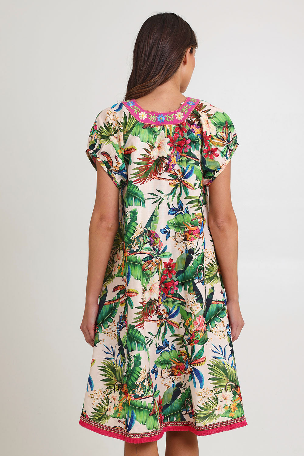 Model Madeline wearing size S of the Sao Paulo Cotton Dress in colour Maui, from the back
