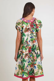 Model Madeline wearing size S of the Sao Paulo Cotton Dress in colour Maui, from the back