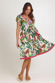 Model Madeline wearing size S of the Sao Paulo Cotton Dress in colour Maui, from the front, showing the whole outfit
