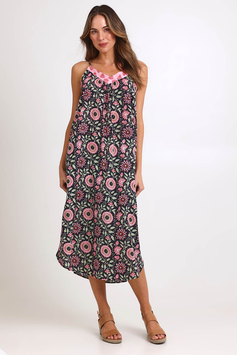 Model Madelinec wearing size 10 of the Slip Cotton Dress – Gabor in colour Gabor, from the front
