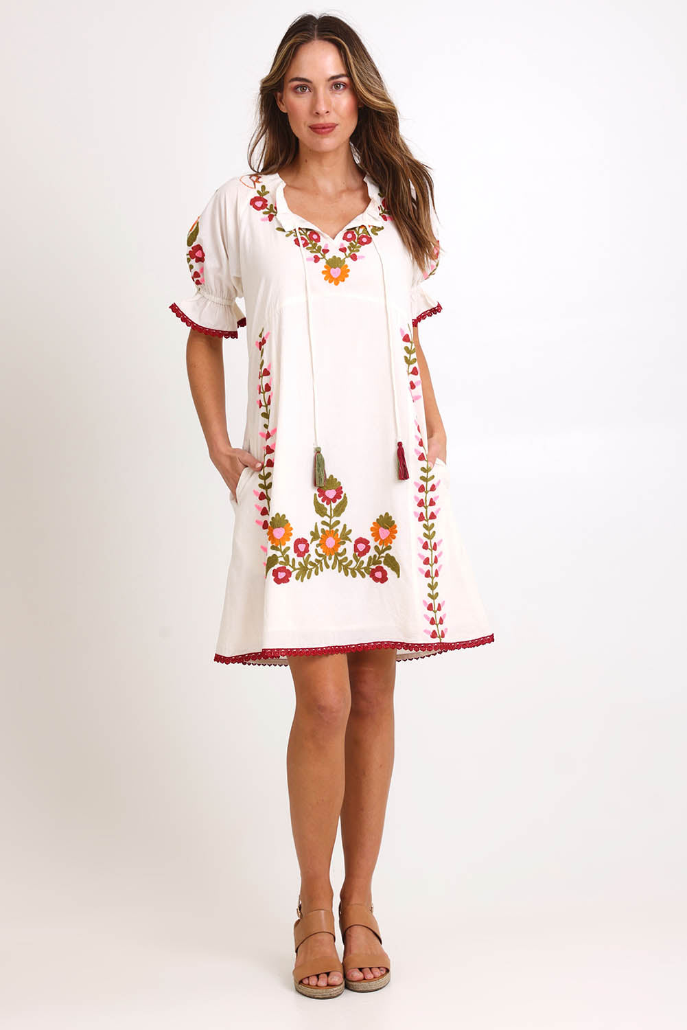 Model Madelinec wearing size 10 of the Spell Cotton Dress – Acacia in colour Acacia, from the front