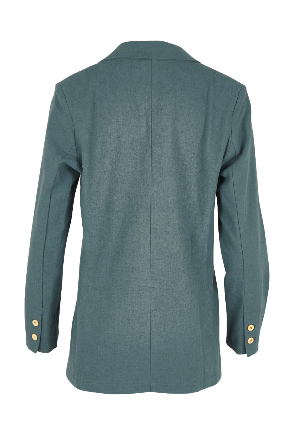Product shot of the Cotton Linen Longline Blazer in colour Lagoon (Green), from the back
