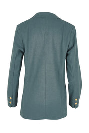 Product shot of the Cotton Linen Longline Blazer in colour Lagoon (Green), from the back