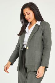 Model Terri-Leigh wearing size 14 of the Cotton Linen Longline Blazer in colour Olive (Green), from the front, showing the whole outfit