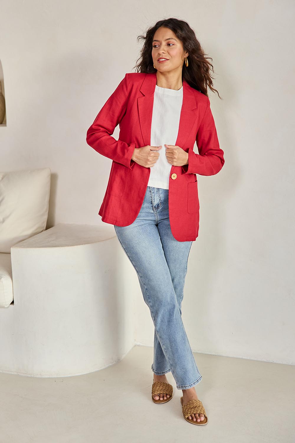 Model Tahneei wearing size 10 of the Cotton Linen Longline Blazer – Red in colour Red, from the front