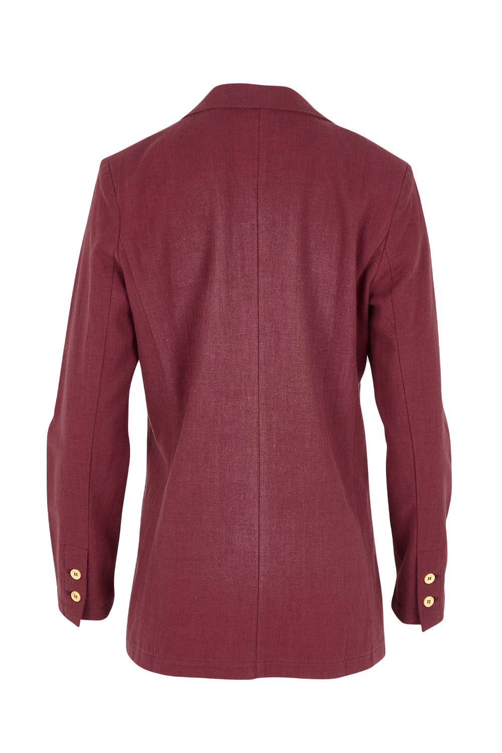 Product shot of the Cotton Linen Longline Blazer in colour Wine (Red), from the back