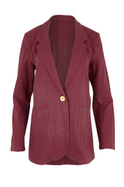 Product shot of the Cotton Linen Longline Blazer in colour Wine (Red), from the front