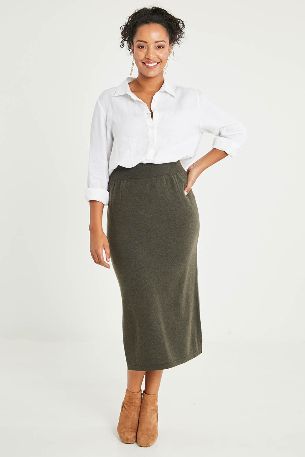 Preloved Wool Cashmere Midi Side Split Skirt - Ashgreen