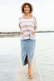 Model Lala wearing size 10 of the Linen Stripe Pocket Blouse in colour Caramel, from the front, showing the whole outfit