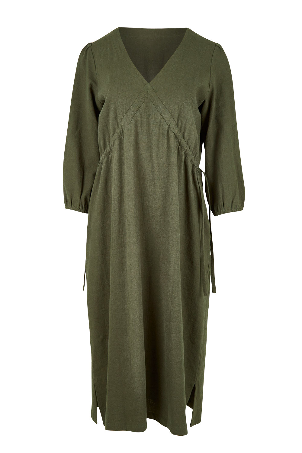Product shot of the Ramie Empire Line Dress in colour Green (Green), from the front