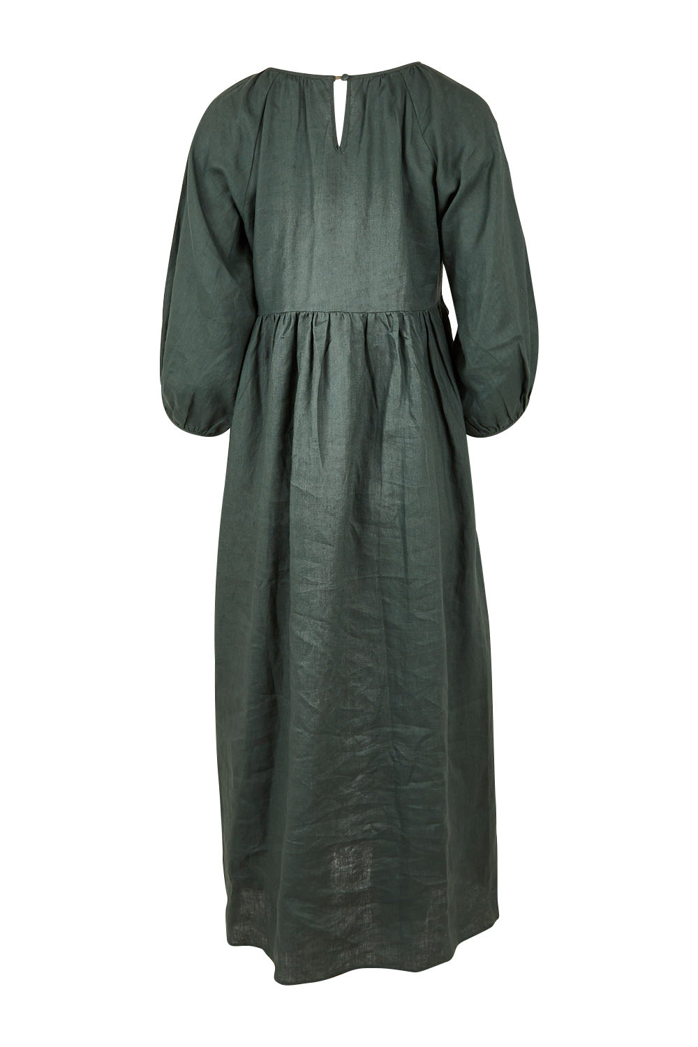 Product shot of the Linen Gathered Waist Dress in colour Green (Green), from the back
