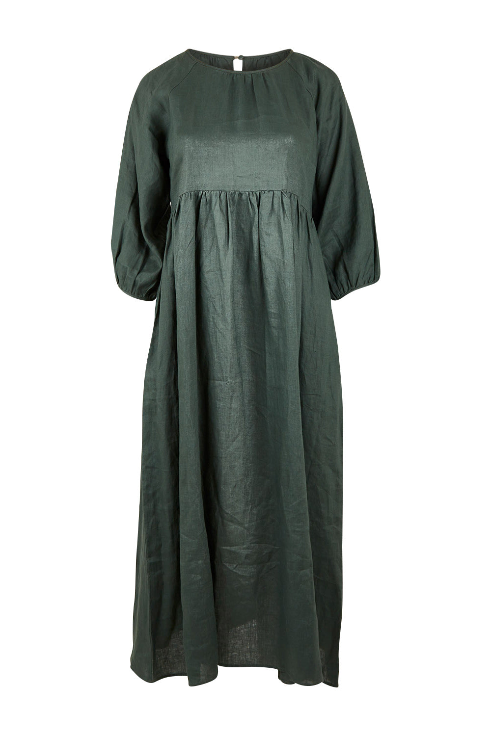 Product shot of the Linen Gathered Waist Dress in colour Green (Green), from the front