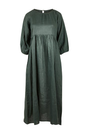 Product shot of the Linen Gathered Waist Dress in colour Green (Green), from the front
