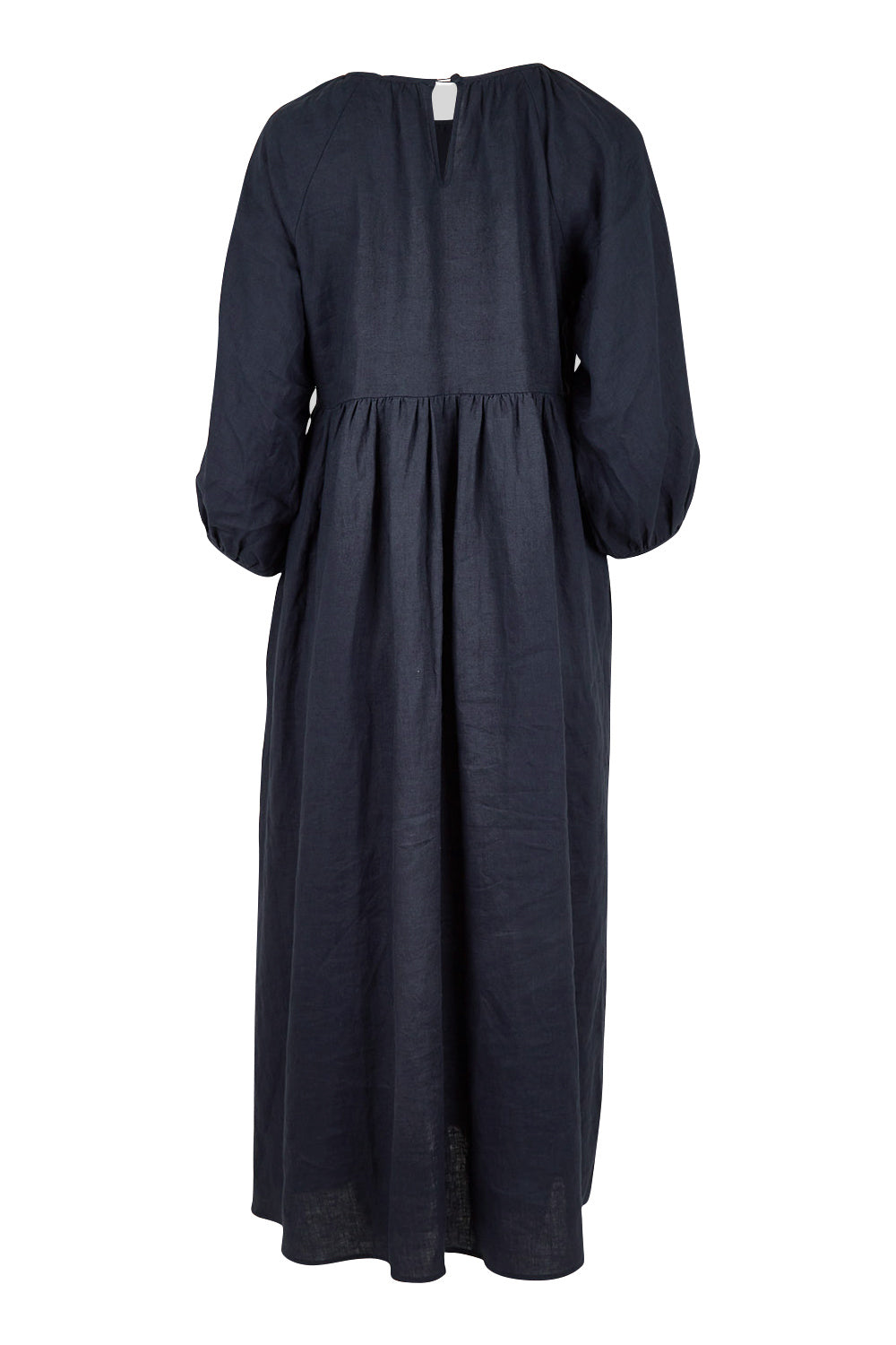 Product shot of the Linen Gathered Waist Dress in colour Navy (Blue), from the back