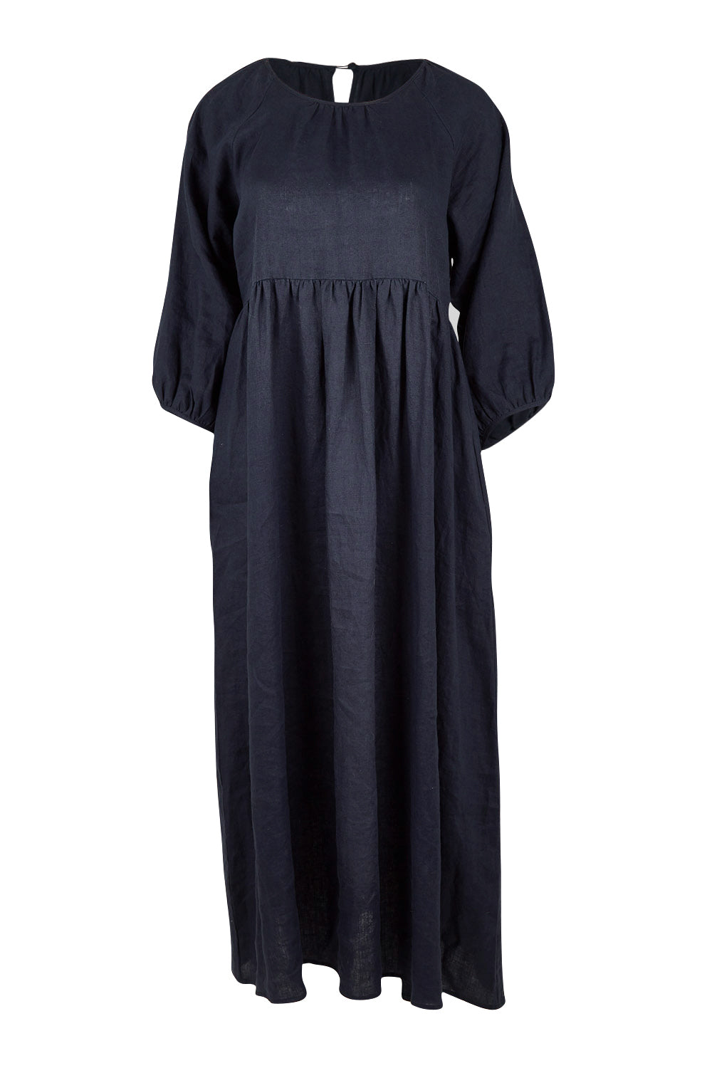 Product shot of the Linen Gathered Waist Dress in colour Navy (Blue), from the front