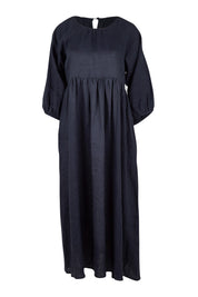 Product shot of the Linen Gathered Waist Dress in colour Navy (Blue), from the front