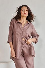 Model Tahneei wearing size 10 of the Linen Oversized Boyfriend Shirt – Coffee in colour Coffee, in a cropped view