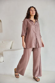 Model Tahneei wearing size 10 of the Linen Oversized Boyfriend Shirt – Coffee in colour Coffee, from the front