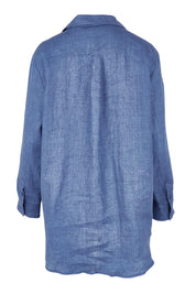 Product shot of the Linen Oversized Boyfriend Shirt in colour Denim (Blue), from the back