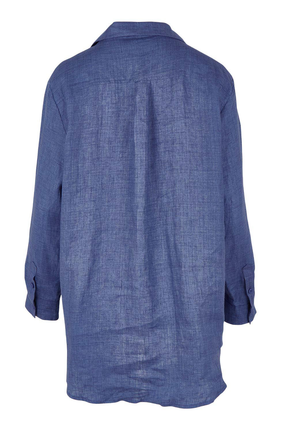 Product shot of the Linen Oversized Boyfriend Shirt - Denim in colour Denim, from the back