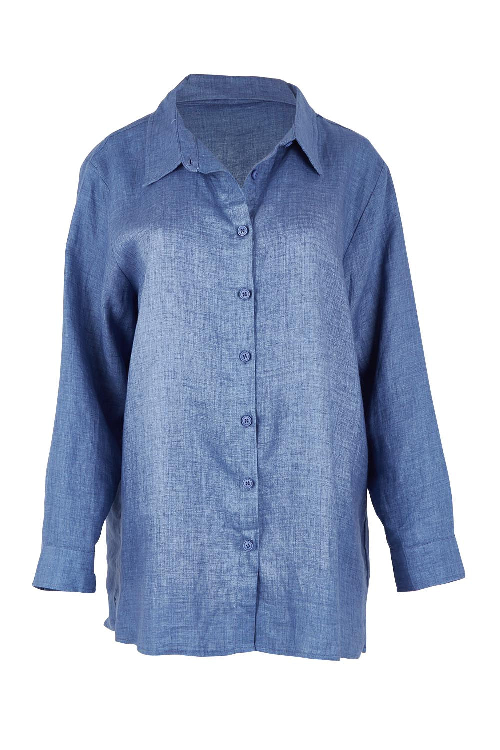 Product shot of the Linen Oversized Boyfriend Shirt in colour Denim (Blue), from the front
