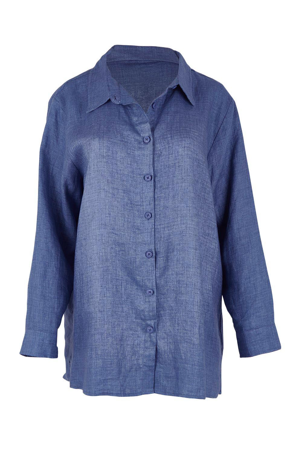 Product shot of the Linen Oversized Boyfriend Shirt - Denim in colour Denim, from the front