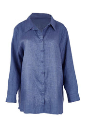 Product shot of the Linen Oversized Boyfriend Shirt - Denim in colour Denim, from the front