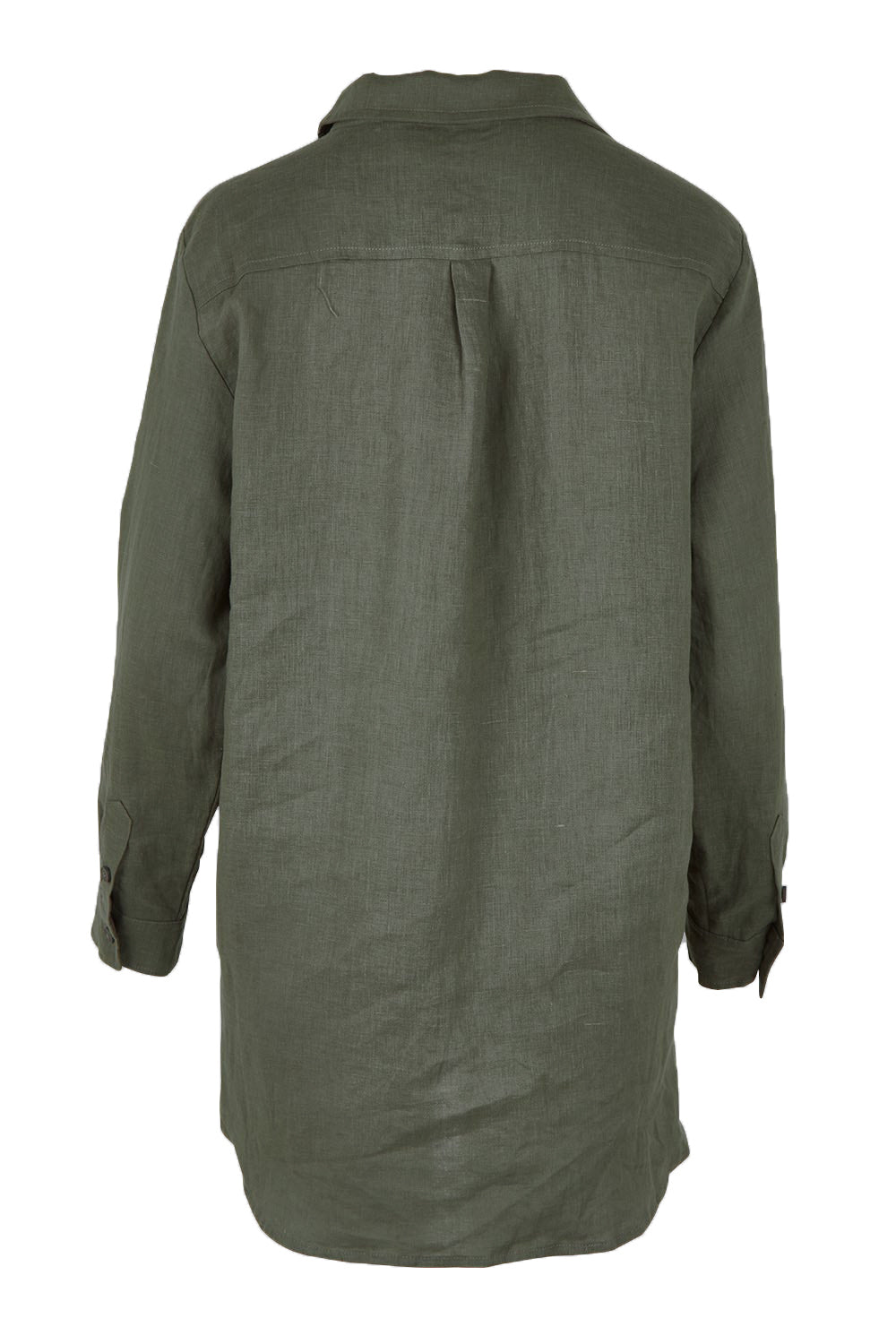 Product shot of the Linen Oversized Boyfriend Shirt - Olive in colour Olive, from the back