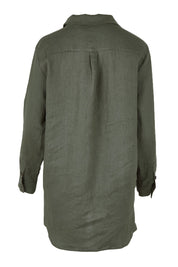 Product shot of the Linen Oversized Boyfriend Shirt - Olive in colour Olive, from the back