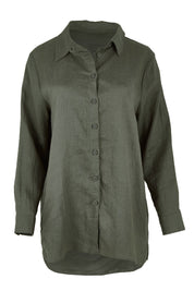 Product shot of the Linen Oversized Boyfriend Shirt - Olive in colour Olive, from the front