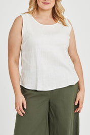 Model Keeara wearing size 16 of the Linen Tank in colour White (White), from the front, cropped image
